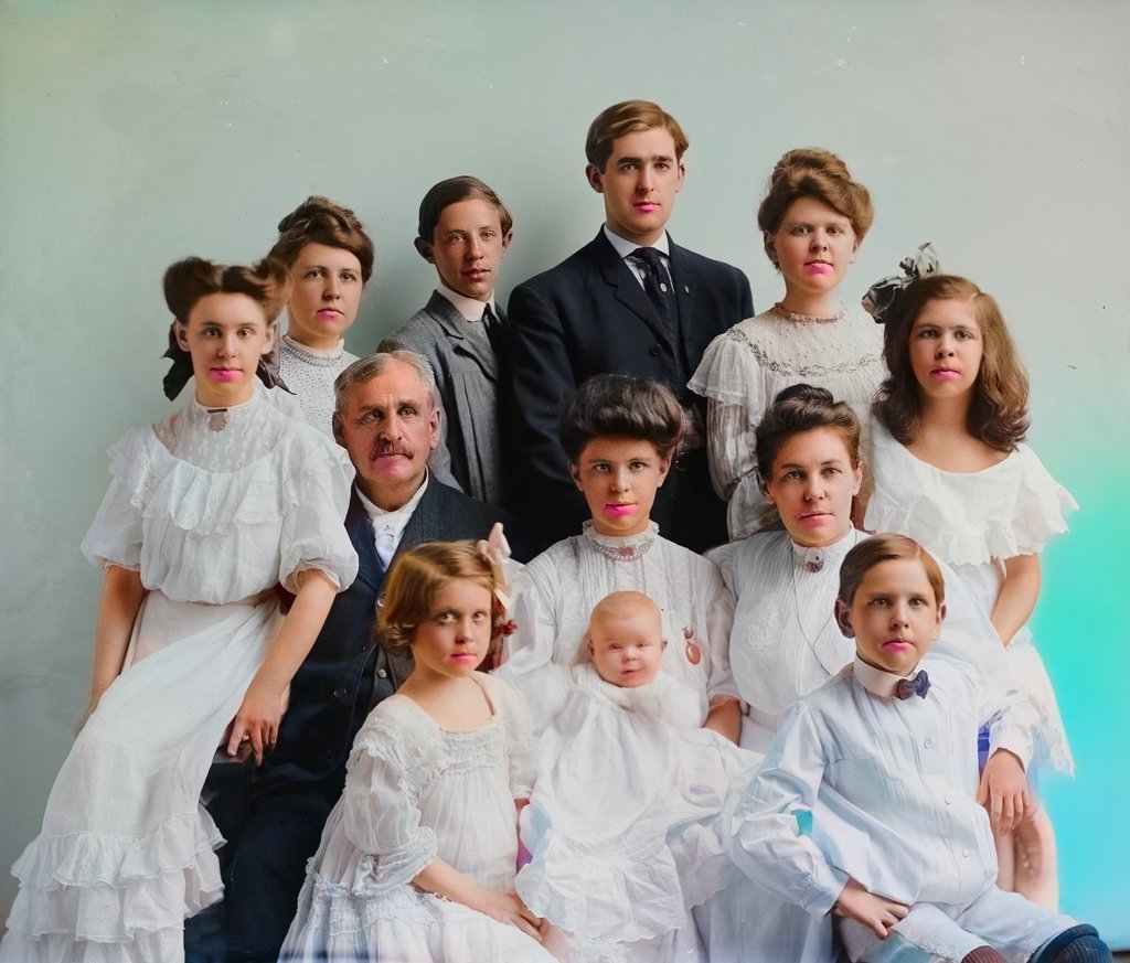Family group portrait, about 1905–1910, colorized